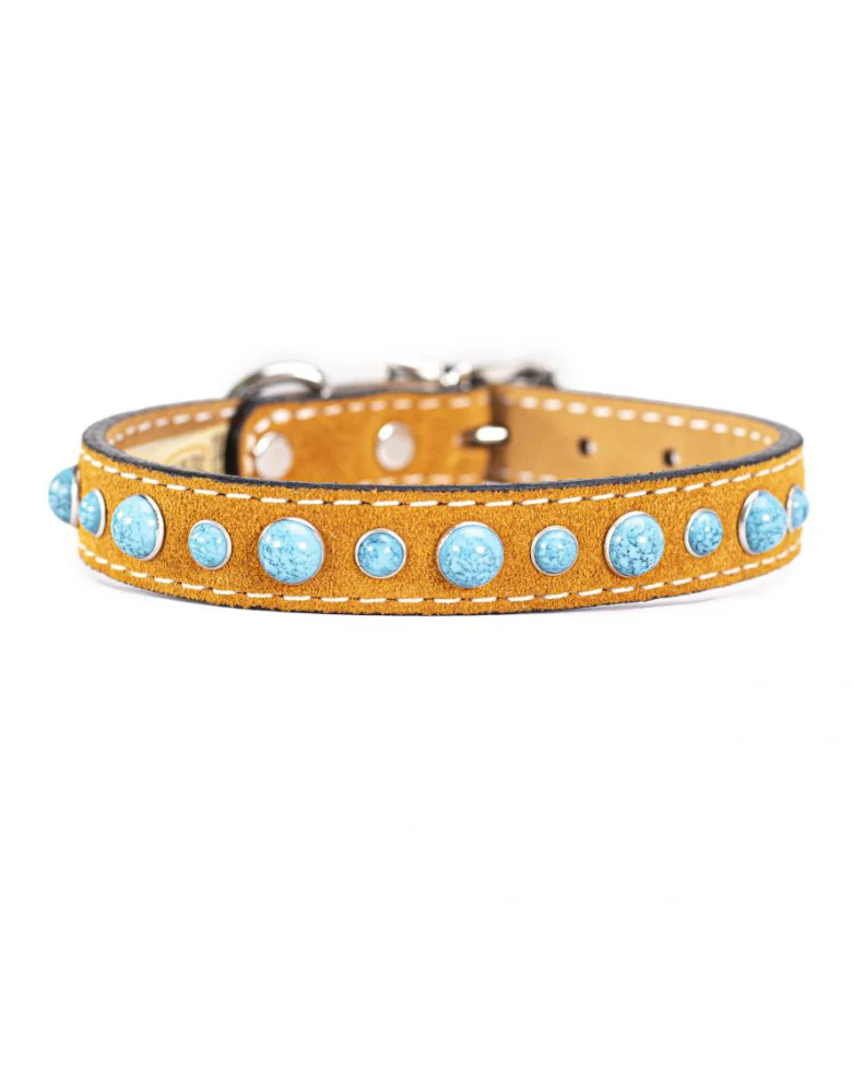 Cabachon Turquoise Dog Collar in Tan Suede (Made in the USA)