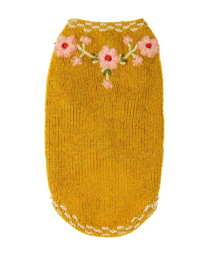 Yellow Floral Eileen Hand Embroidered Knitted Wool Dog Sweater - Image 2