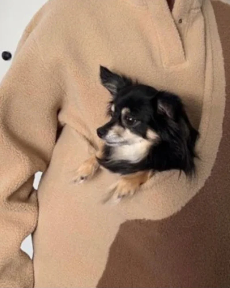 Fleece Pullover with Built-In Pet Pouch Carrier in Classic Tan - Image 13