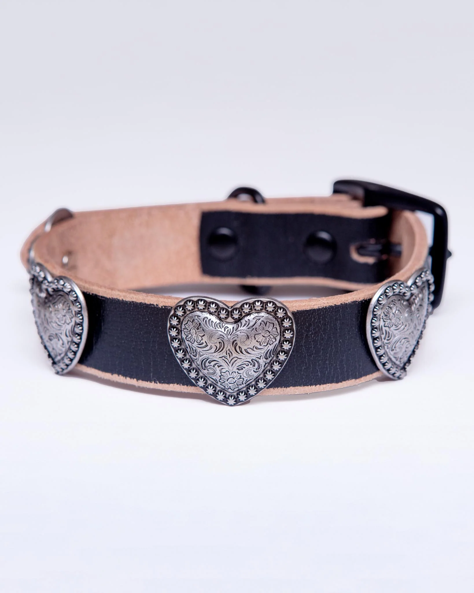 Genuine Distressed Leather Dog Collar with Heart Conchos - Image 2