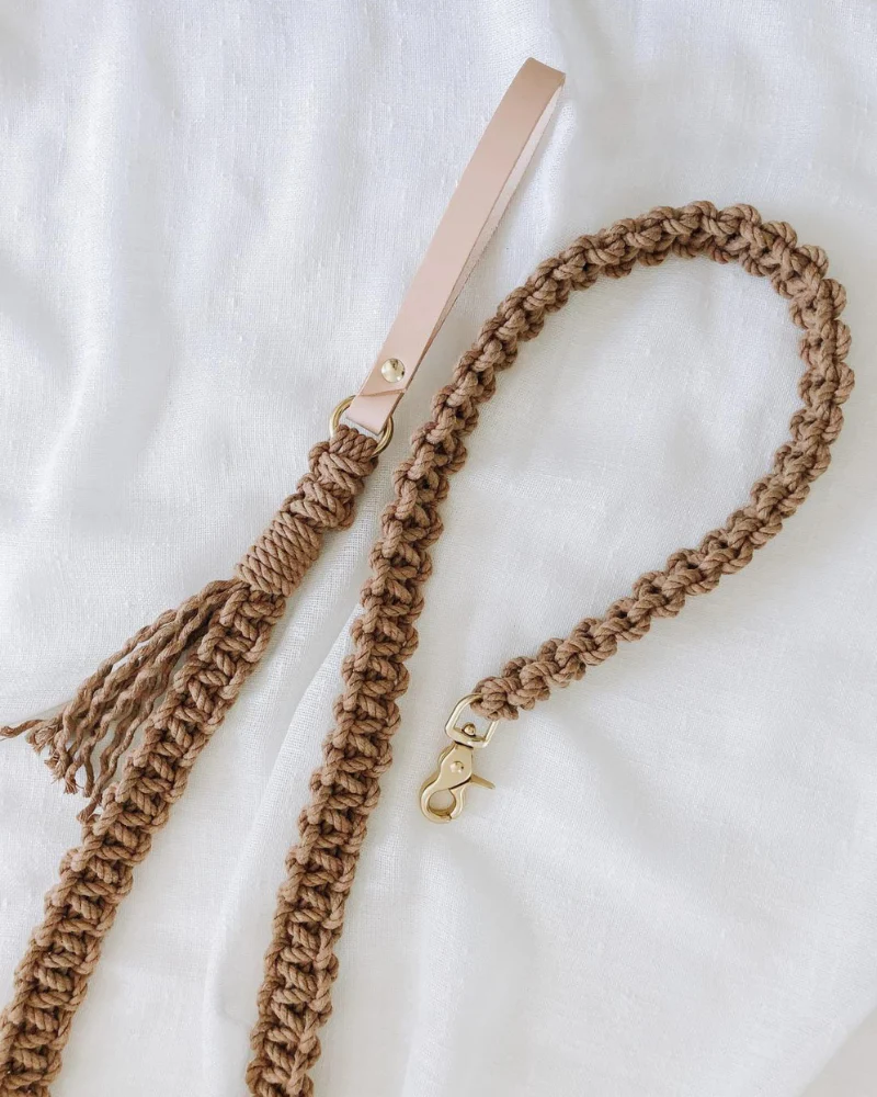 Macrame and Leather Dog Leash in Brown (Made in the USA)