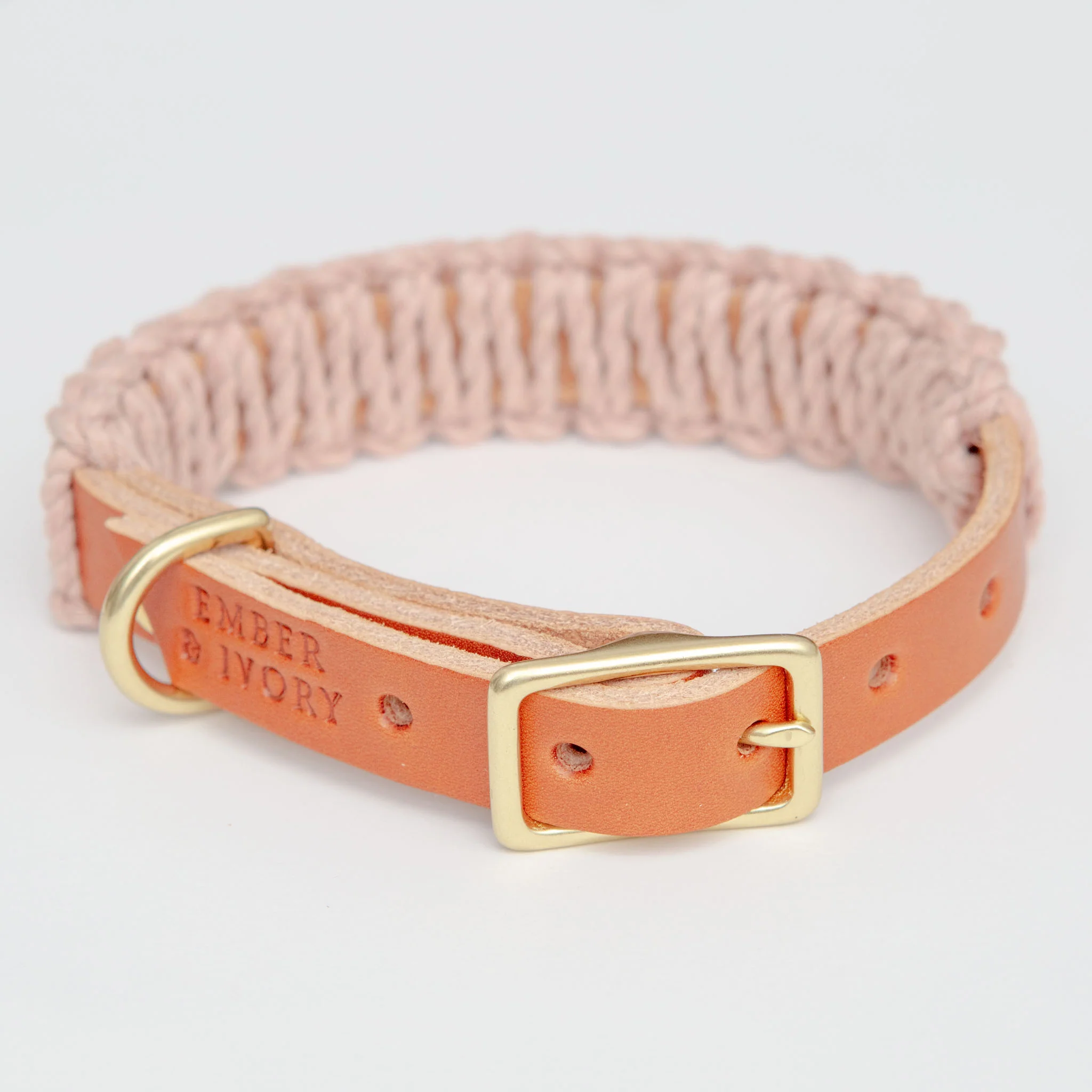 Macrame & Leather Dog Collar in Blush w/ Caramel (Made in the USA) (CLEARANCE) - Image 2
