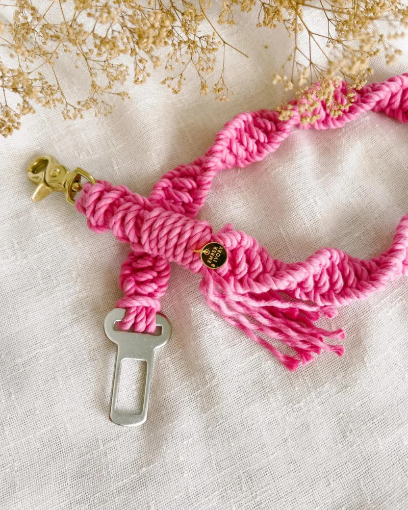 Macrame Seat Belt Dog Restraint in Hot Pink (Made in the USA)