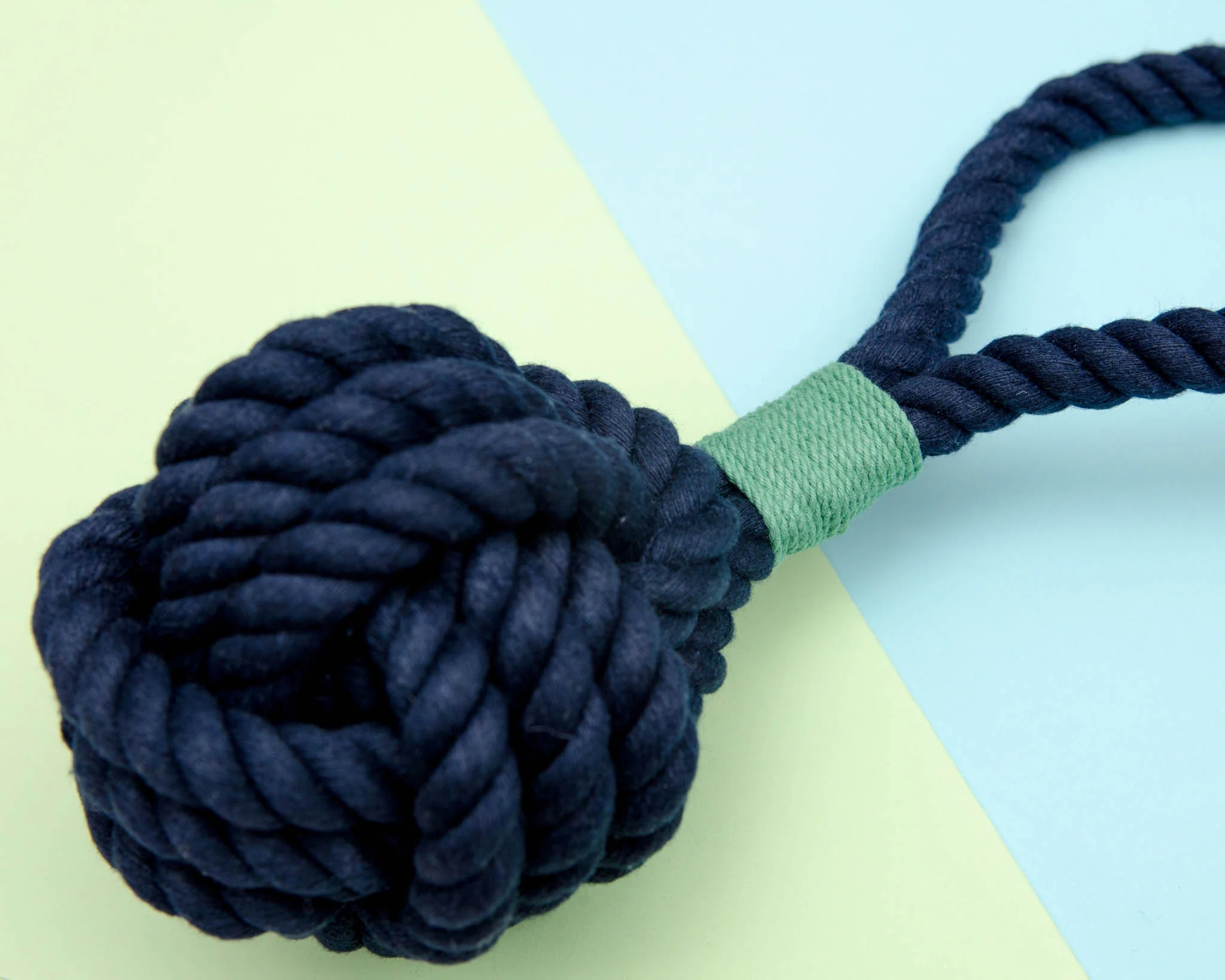 Monkey Fist Rope Dog Toy in Navy with Green Whipping (Made in the USA) - Image 3