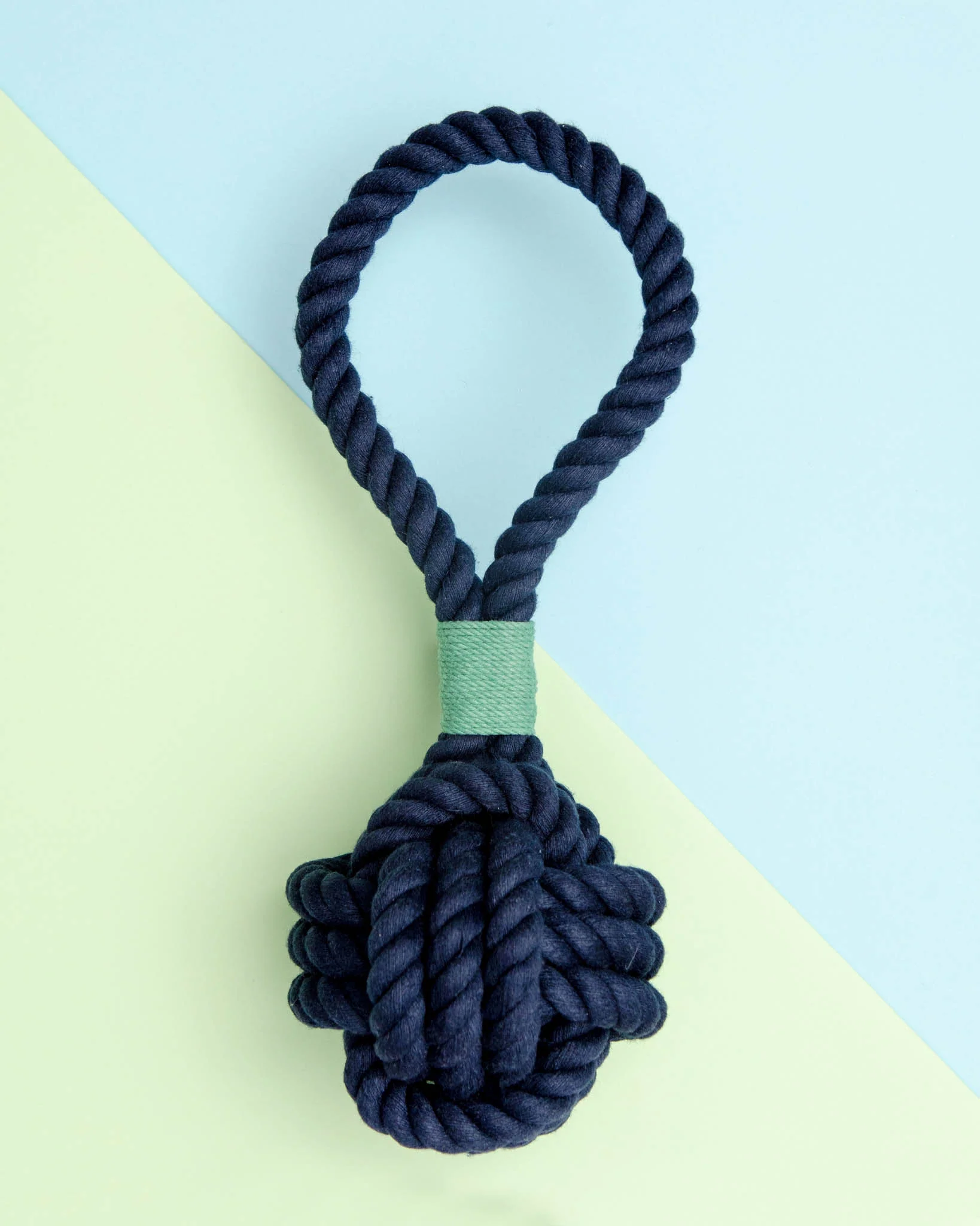 Monkey Fist Rope Dog Toy in Navy with Green Whipping (Made in the USA) - Image 4