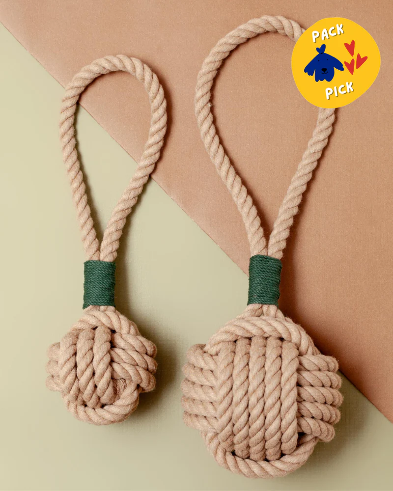 Monkey Fist Rope Dog Toy in Tan with Forest Green Whipping (Made in the USA)