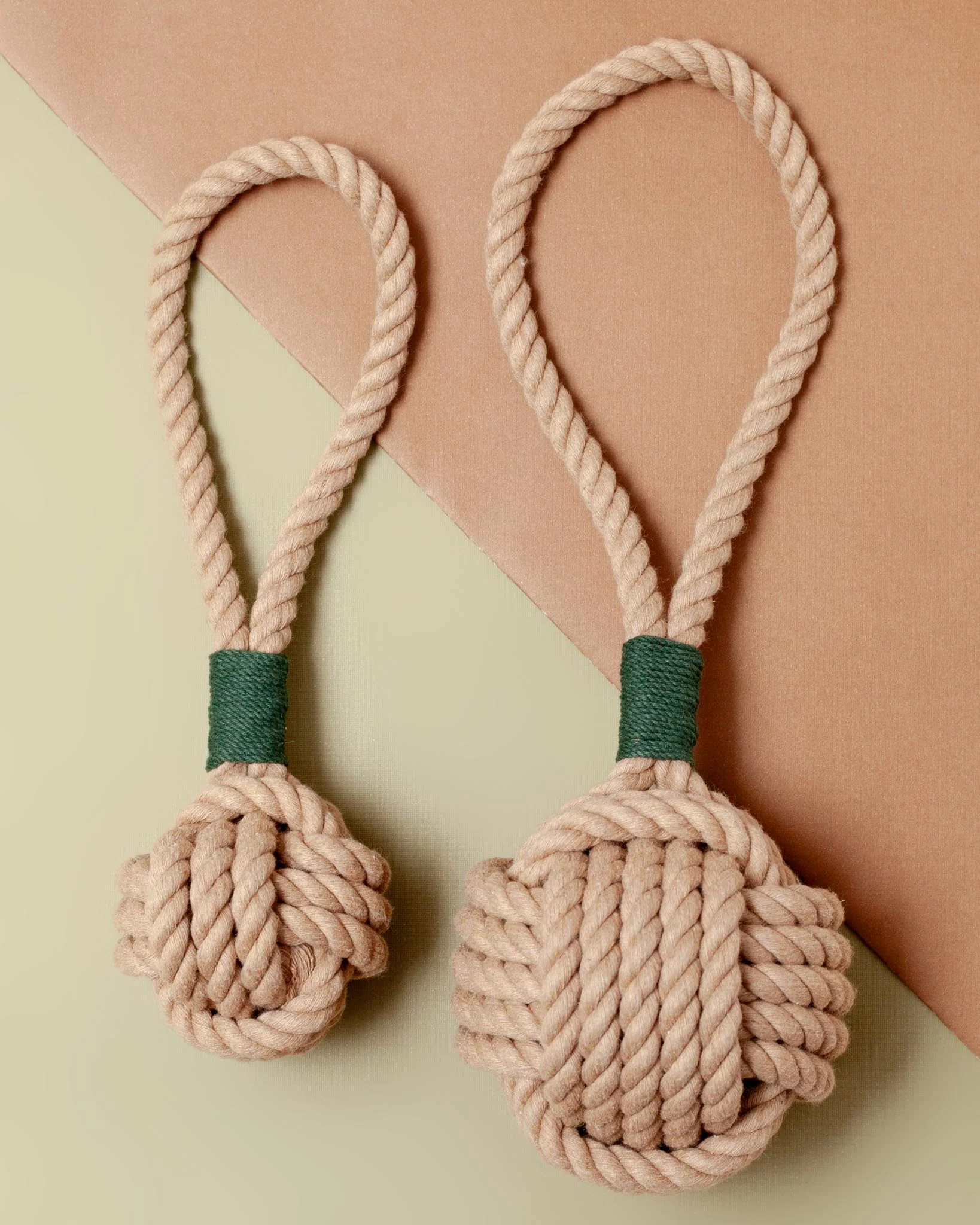 Monkey Fist Rope Dog Toy in Tan with Forest Green Whipping (Made in the USA) - Image 3
