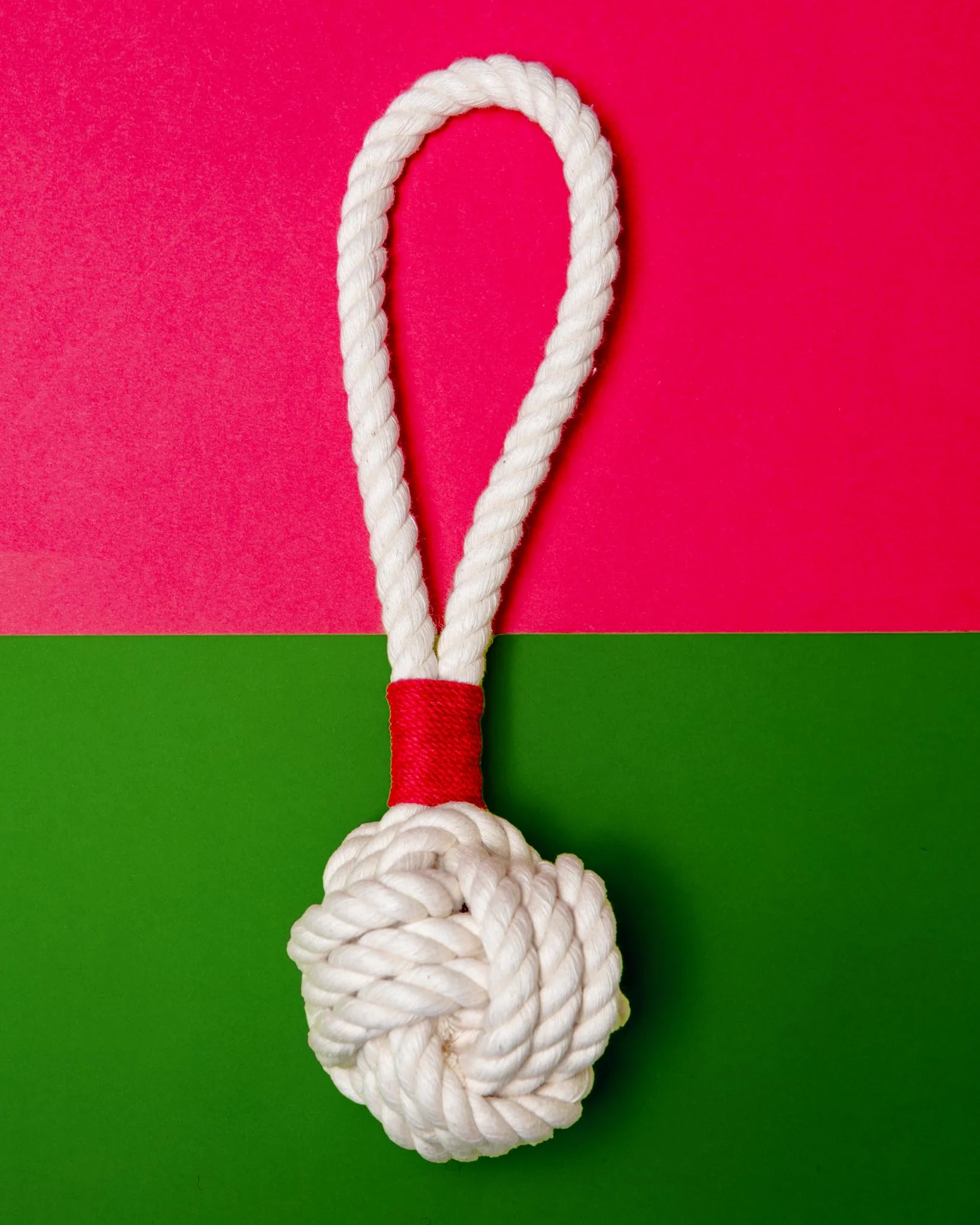 Monkey Fist Rope Dog Toy in White with Red Whipping (Made in the USA)