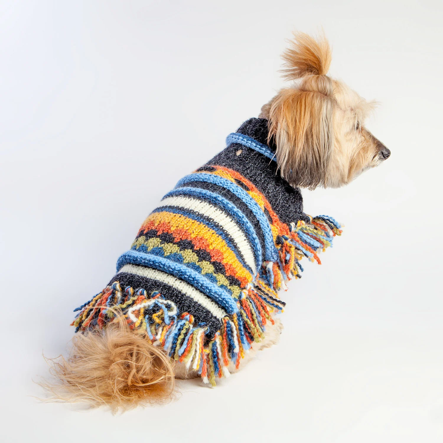 PERUVIAN KNITS | Fringe Poncho Sweater in Blue Stripe - Image 2