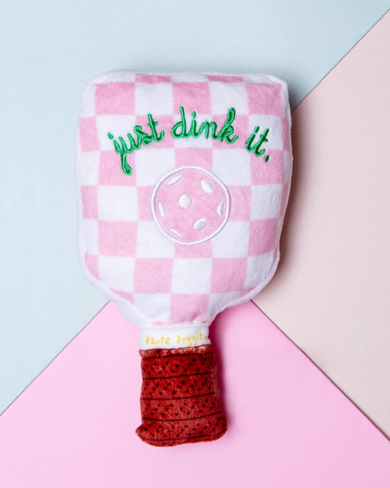 Pink Check Pickleball Paddle Plush Squeaky Dog Toy