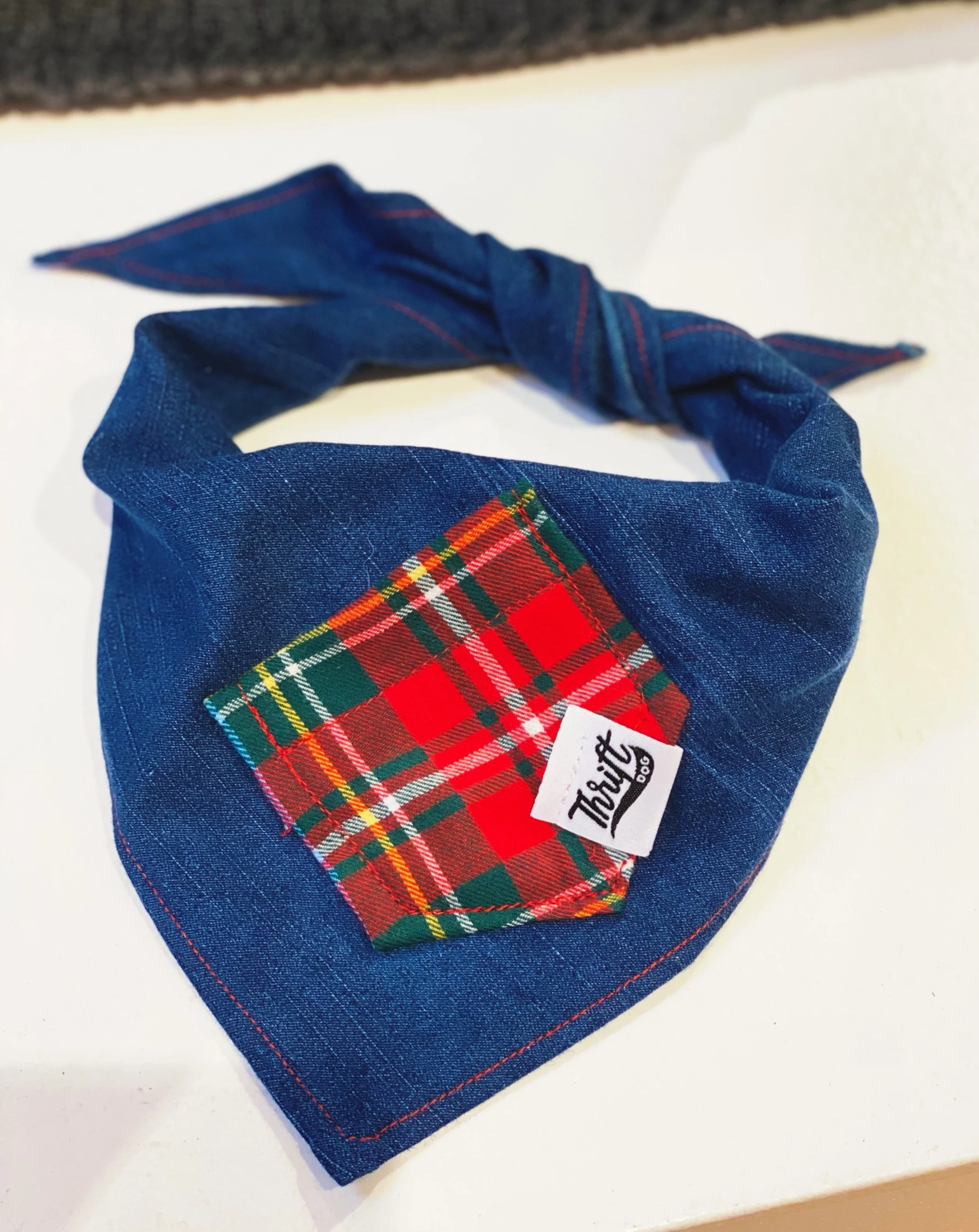 Upcycled Howliday Plaid Treat Pocket Dog Bandana (Made in the USA) - Image 2