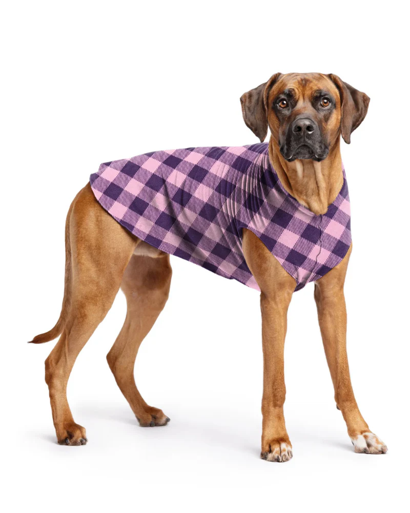 Pullover Stretch Dog Fleece in Pink and Purple Rose Buffalo Plaid (Made in the USA) - Image 2