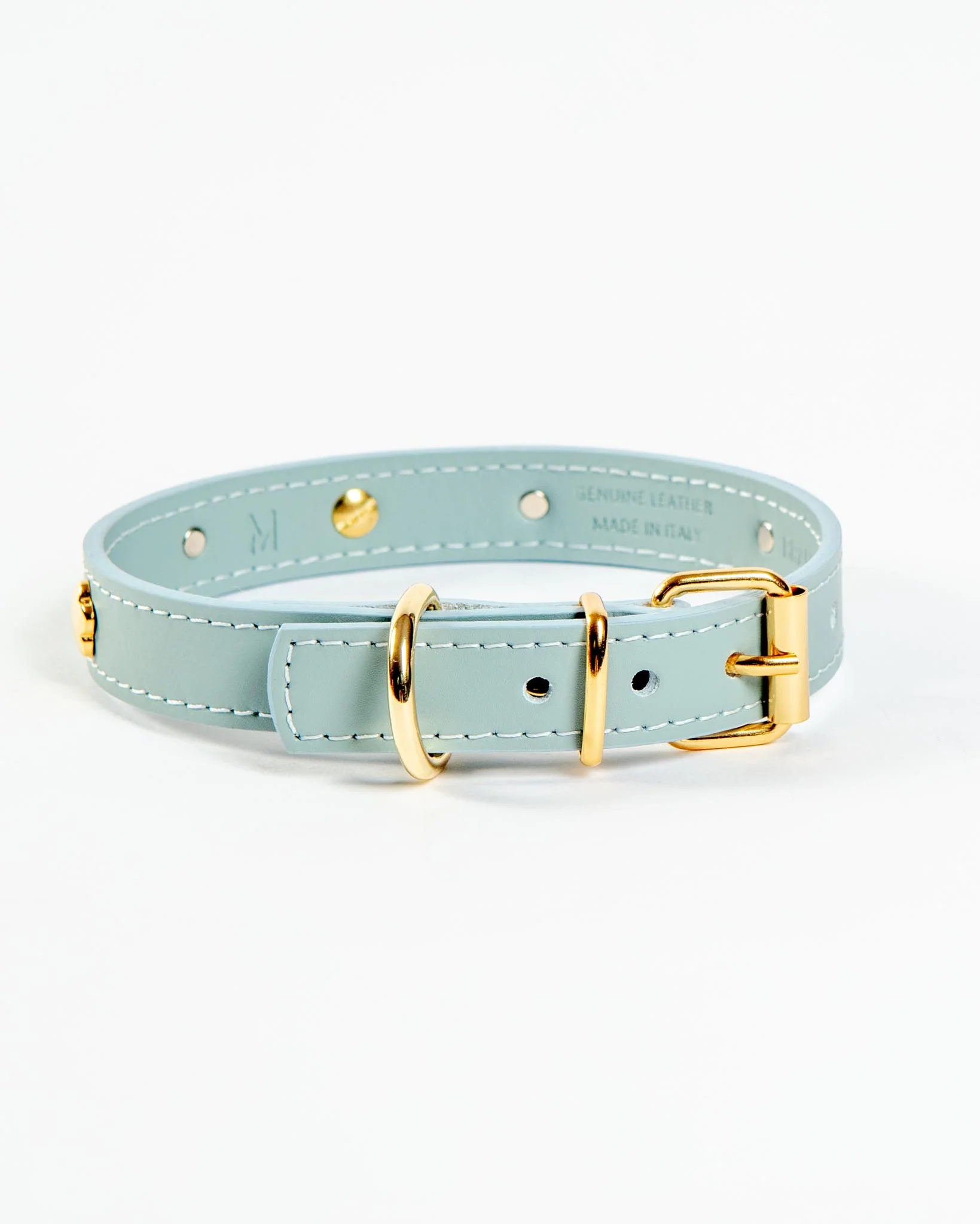 Sky Blue Nara Leather Dog Collar with Brass Flowers (Made in Italy) - Image 3