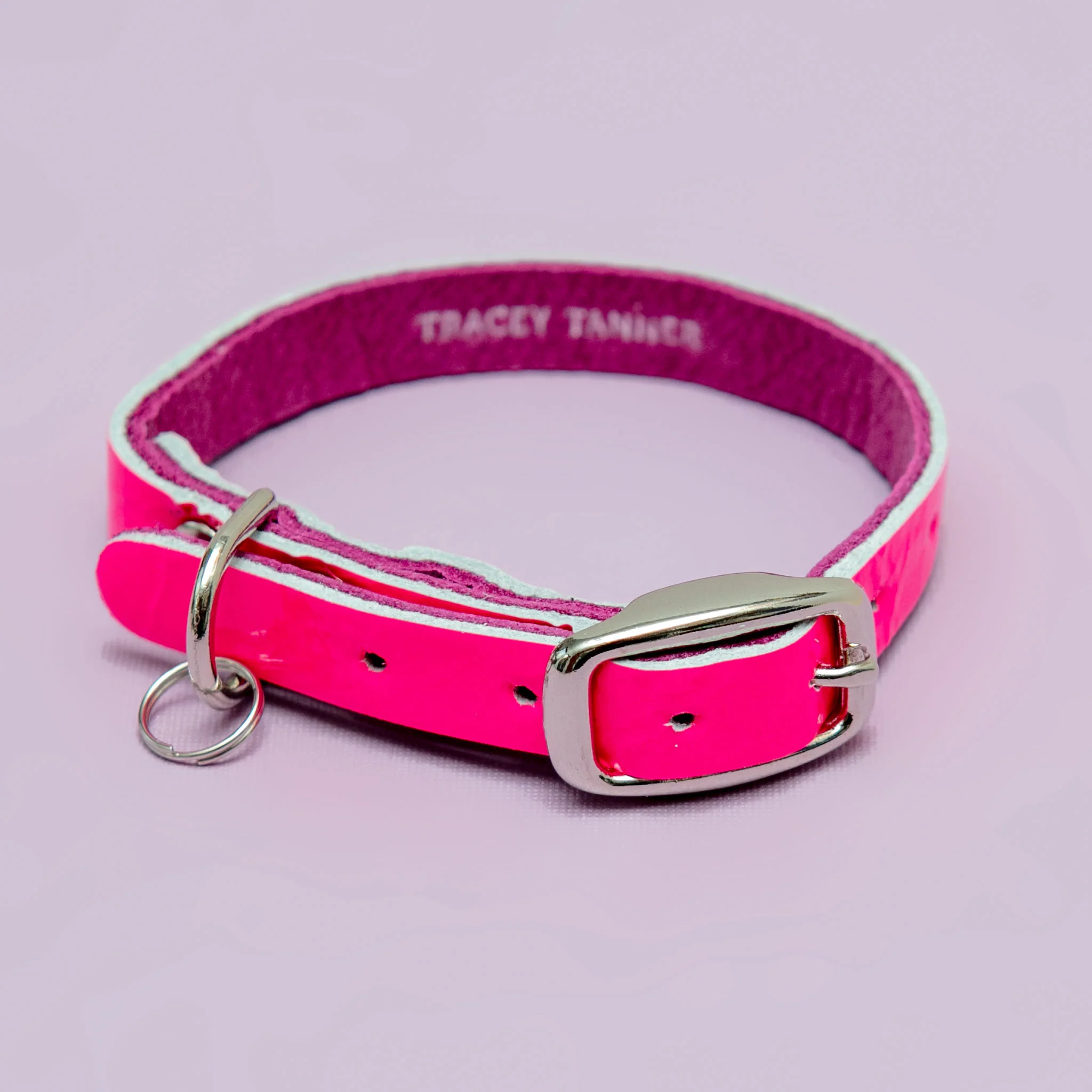 The Cleo Leather Tag Collar in Neon Pink Patent (DOG & CO. Exclusive) - Image 3