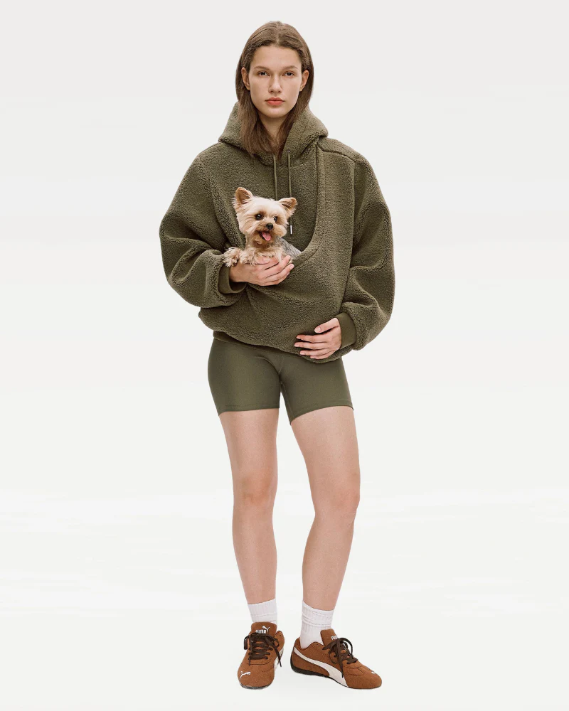 Unisex Fleece Hoodie with Built-In Kangaroo Pouch Dog Carrier in Olive