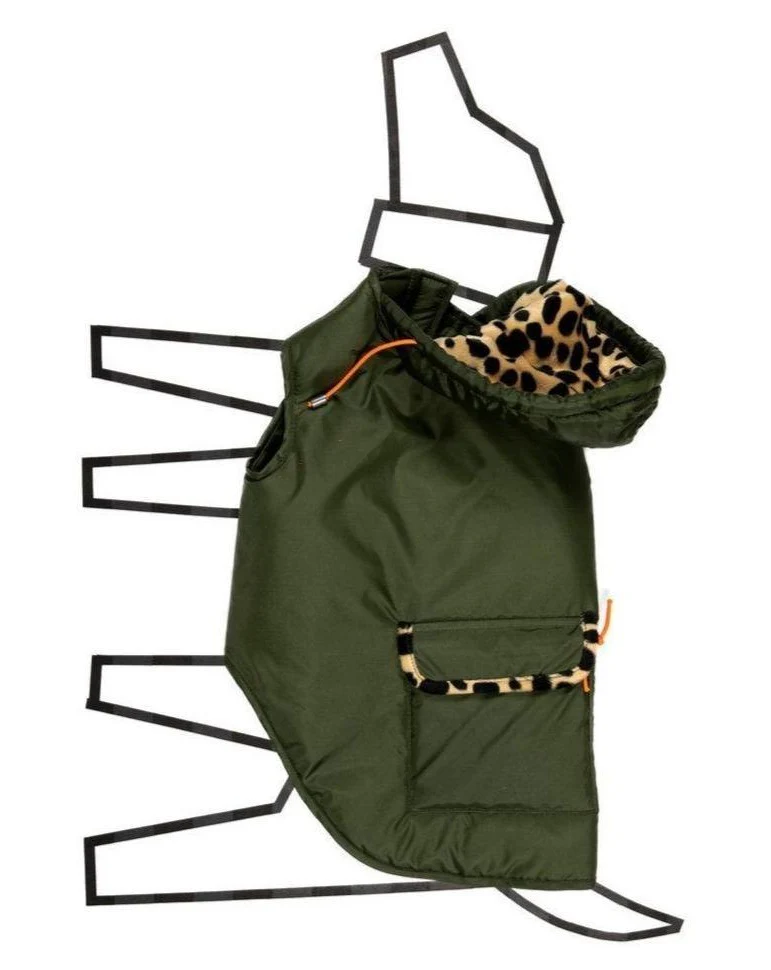 Olive w/ Animal Print Lining Puffer Dog Coat (FINAL SALE) - Image 5